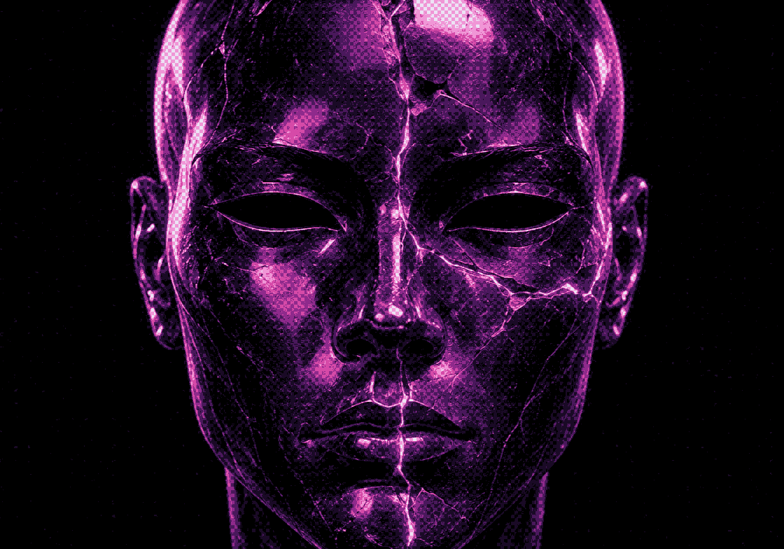 The agent's face, printed through the wall's own mesh. It breaks up as the scale falls.